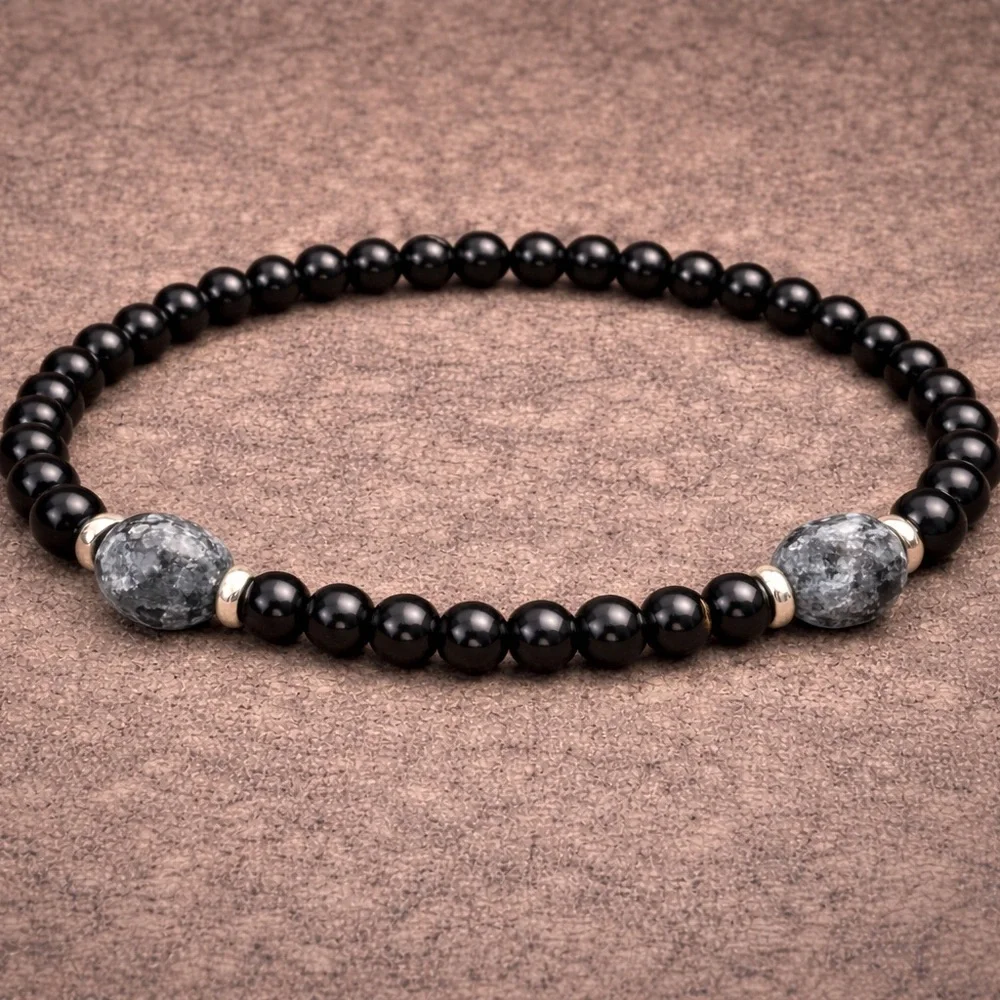 Black Beaded Bracelet With Natural Stone Accent Beads Minimalist Stack